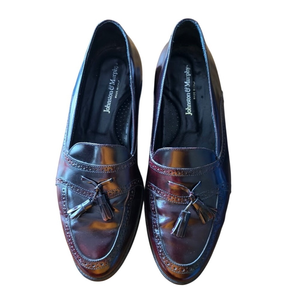 Johnston & Murphy Burgundy Leather Tassel Wingtip Loafers Made in Italy 11 W